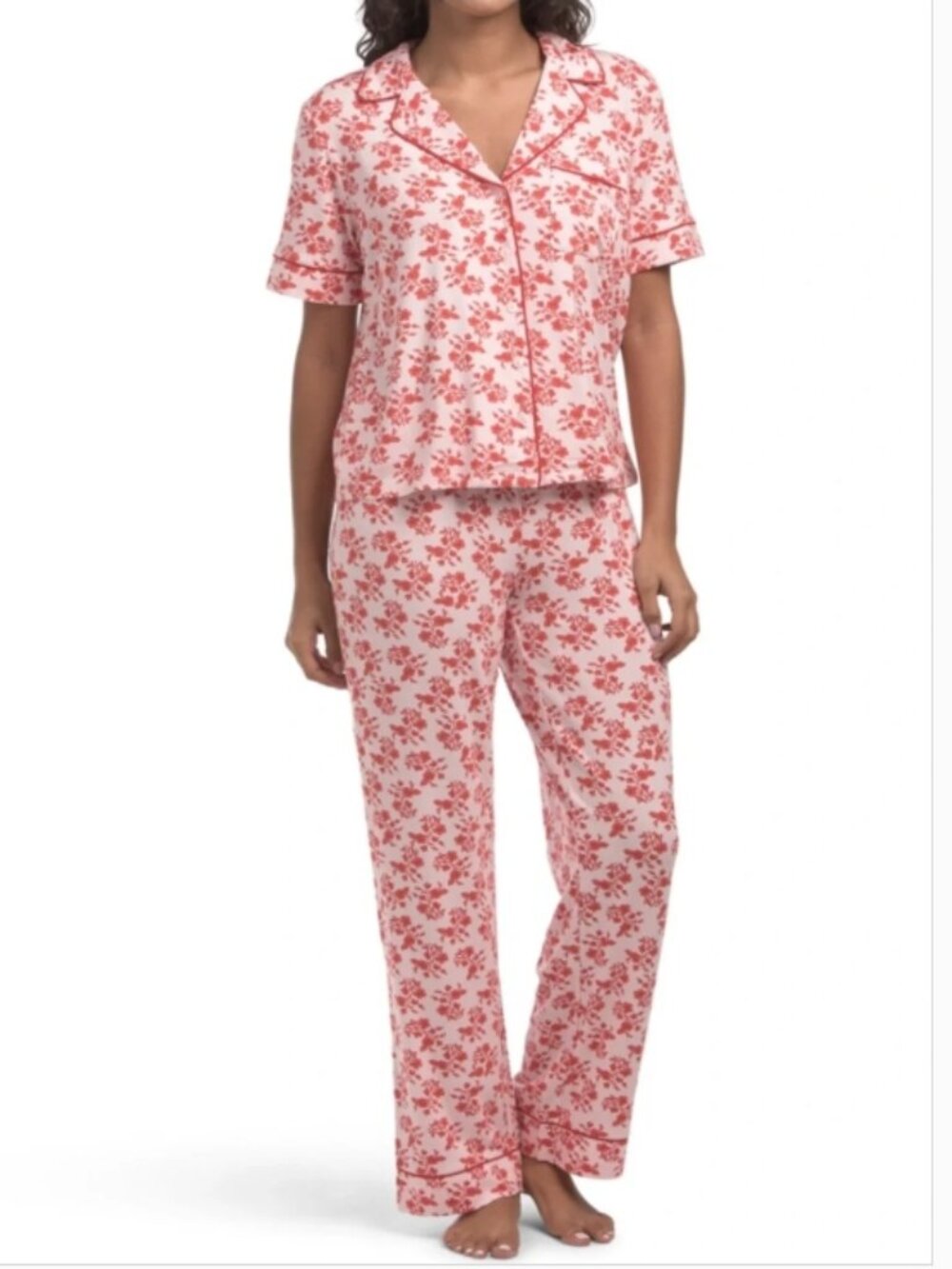 NWT Rachel Zoe Pink Red Floral Button-Front Tencel Pajama Set